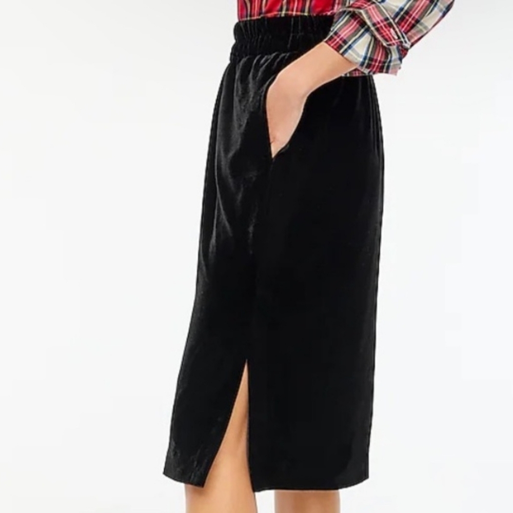 J CREW Crushed Velvet Midi Skirt Women's S Black Lined High Waist Side Slit